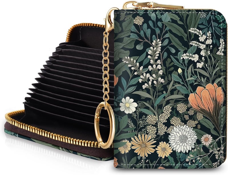 Blusabaca Weeds Flower Floral Plants Wildflowers Credit Card Holder for Women, Small RFID Blocking Wallet with Zipper, Card Keychain Wallet, PU Leather Card Case, Accordion Aesthetic Wallet Gift - Image 1